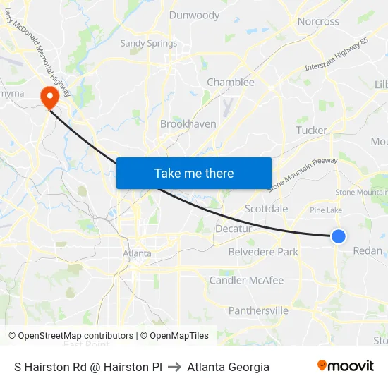 S Hairston Rd @ Hairston Pl to Atlanta Georgia map