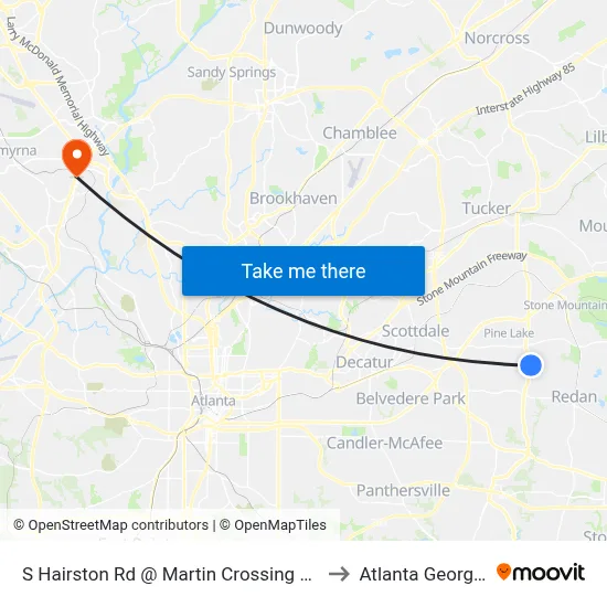 S Hairston Rd @ Martin Crossing Rd to Atlanta Georgia map