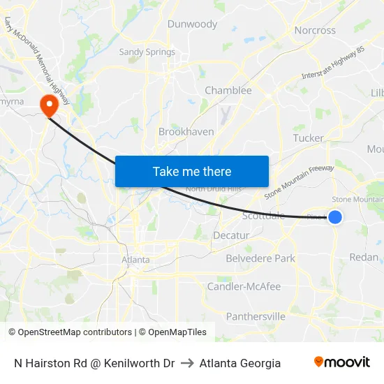 N Hairston Rd @ Kenilworth Dr to Atlanta Georgia map