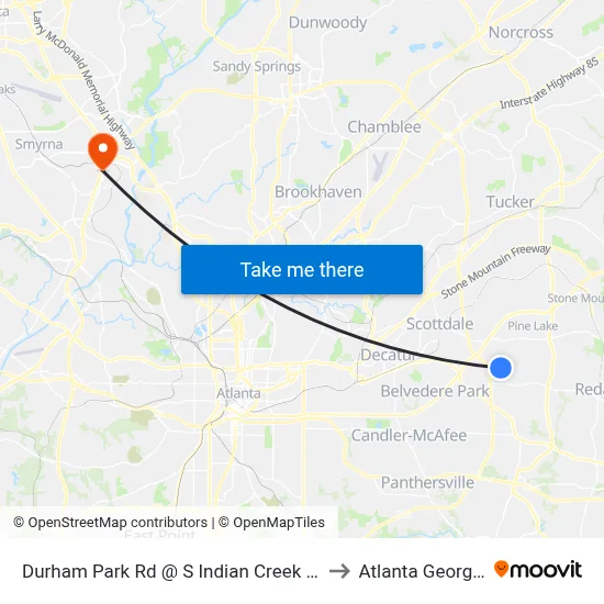 Durham Park Rd @ S Indian Creek Dr to Atlanta Georgia map