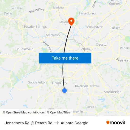 Jonesboro Rd @ Peters Rd to Atlanta Georgia map
