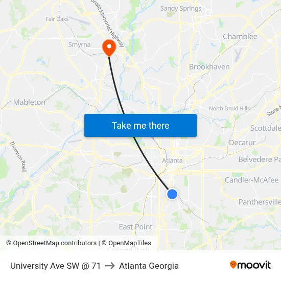 University Ave SW @ 71 to Atlanta Georgia map
