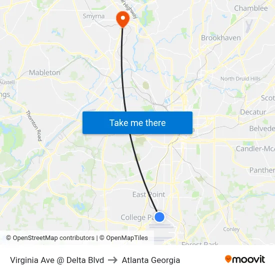Virginia Ave @ Delta Blvd to Atlanta Georgia map