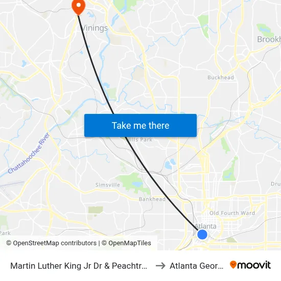 Martin Luther King Jr Dr & Peachtree St to Atlanta Georgia map