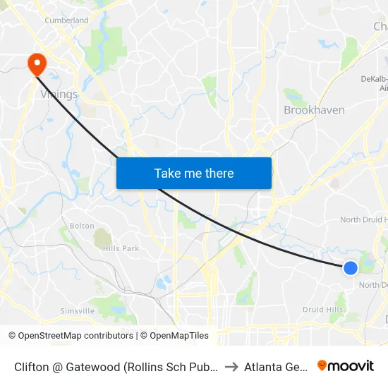 Clifton @ Gatewood (Rollins Sch Public Health) to Atlanta Georgia map