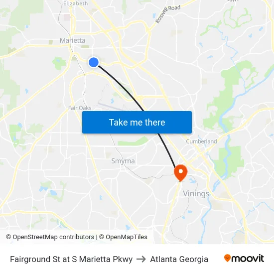 Fairground St at S Marietta Pkwy to Atlanta Georgia map
