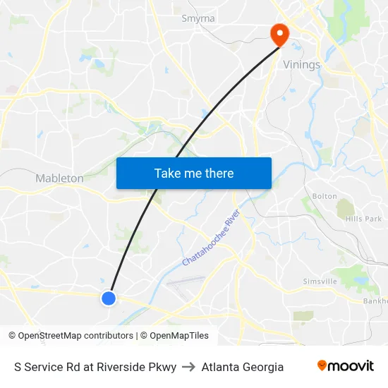 S Service Rd at Riverside Pkwy to Atlanta Georgia map
