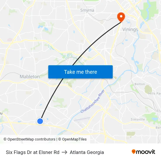 Six Flags Dr at Elsner Rd to Atlanta Georgia map