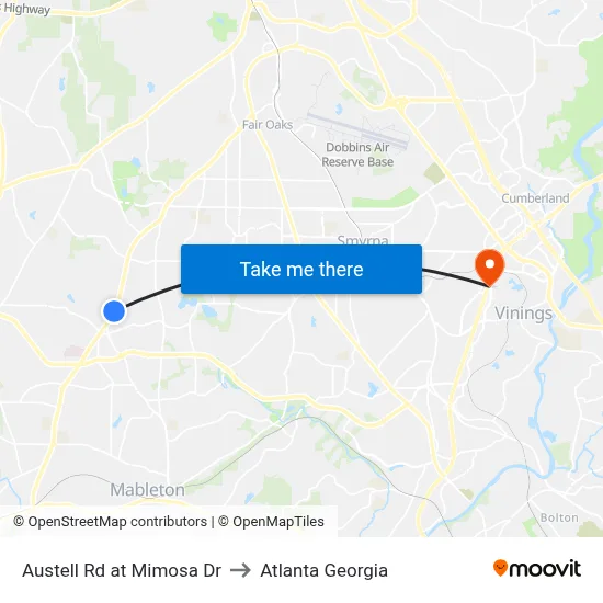 Austell Rd at Mimosa Dr to Atlanta Georgia map