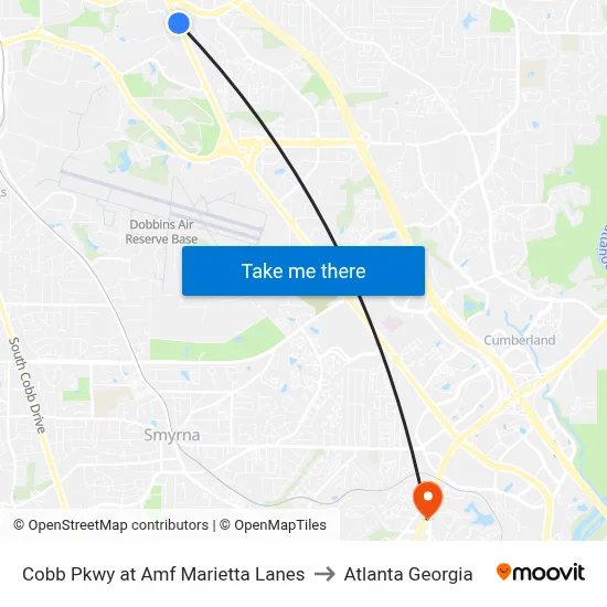 Cobb Pkwy at Amf Marietta Lanes to Atlanta Georgia map