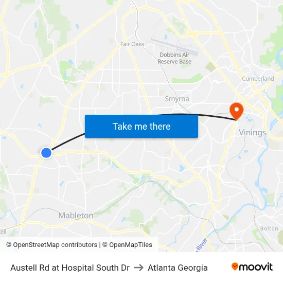 Austell Rd at Hospital South Dr to Atlanta Georgia map