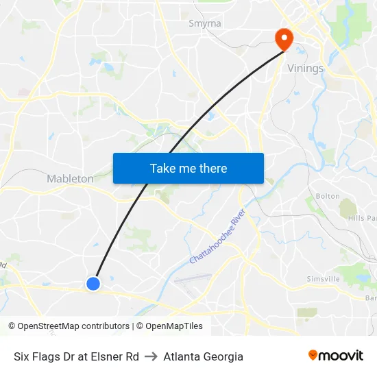 Six Flags Dr at Elsner Rd to Atlanta Georgia map