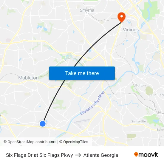 Six Flags Dr at Six Flags Pkwy to Atlanta Georgia map