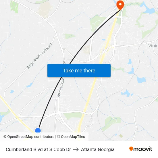 Cumberland Blvd at S Cobb Dr to Atlanta Georgia map