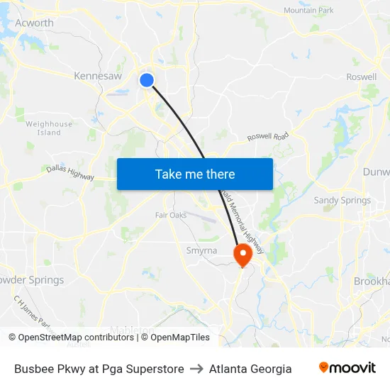 Busbee Pkwy at Pga Superstore to Atlanta Georgia map