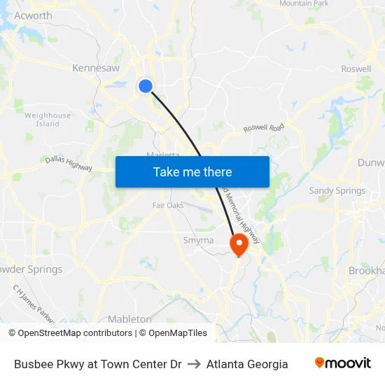 Busbee Pkwy at Town Center Dr to Atlanta Georgia map