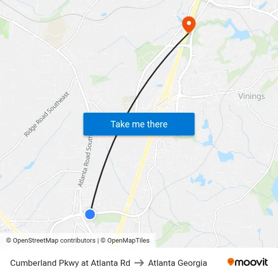 Cumberland Pkwy at Atlanta Rd to Atlanta Georgia map
