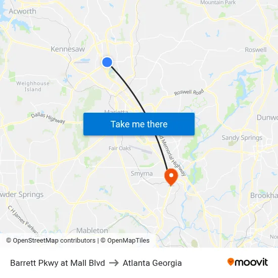 Barrett Pkwy at Mall Blvd to Atlanta Georgia map