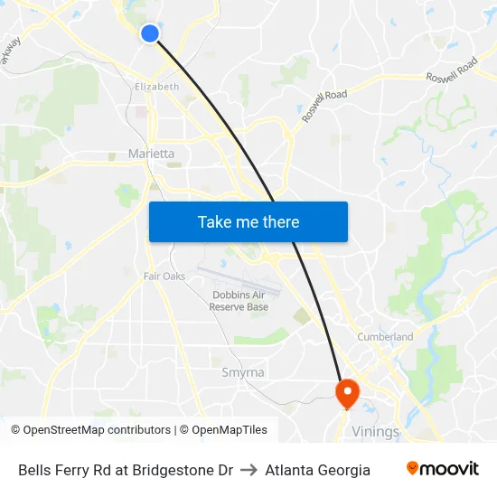 Bells Ferry Rd at Bridgestone Dr to Atlanta Georgia map