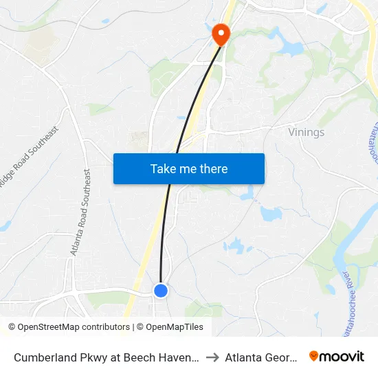 Cumberland Pkwy at Beech Haven Tr to Atlanta Georgia map