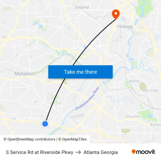 S Service Rd at Riverside Pkwy to Atlanta Georgia map