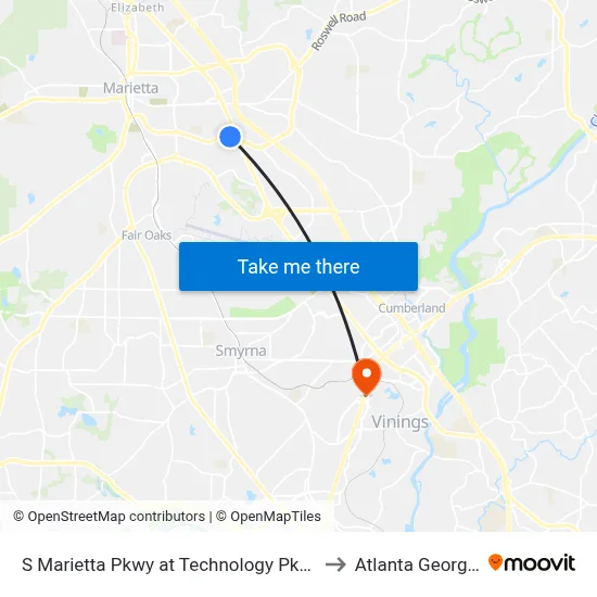S Marietta Pkwy at Technology Pkwy to Atlanta Georgia map