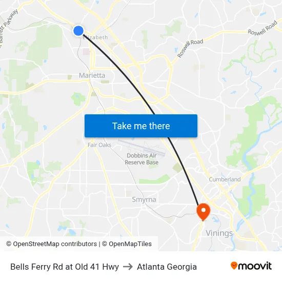 Bells Ferry Rd at Old 41 Hwy to Atlanta Georgia map