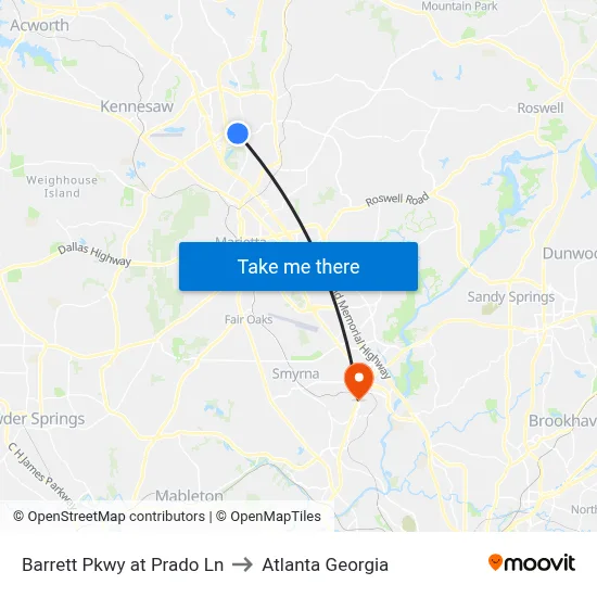 Barrett Pkwy at Prado Ln to Atlanta Georgia map