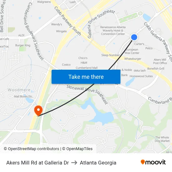 Akers Mill Rd at Galleria Dr to Atlanta Georgia map