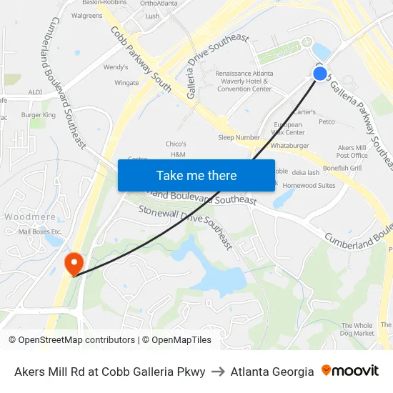Akers Mill Rd at Cobb Galleria Pkwy to Atlanta Georgia map