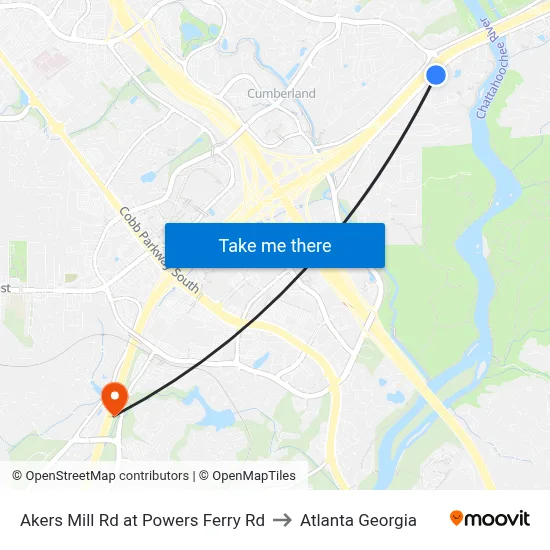 Akers Mill Rd at Powers Ferry Rd to Atlanta Georgia map