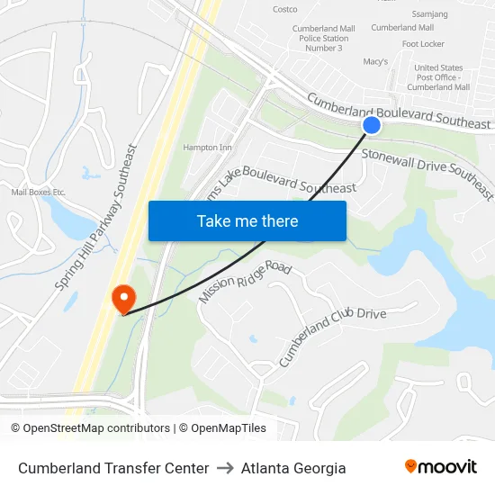 Cumberland Transfer Center to Atlanta Georgia map