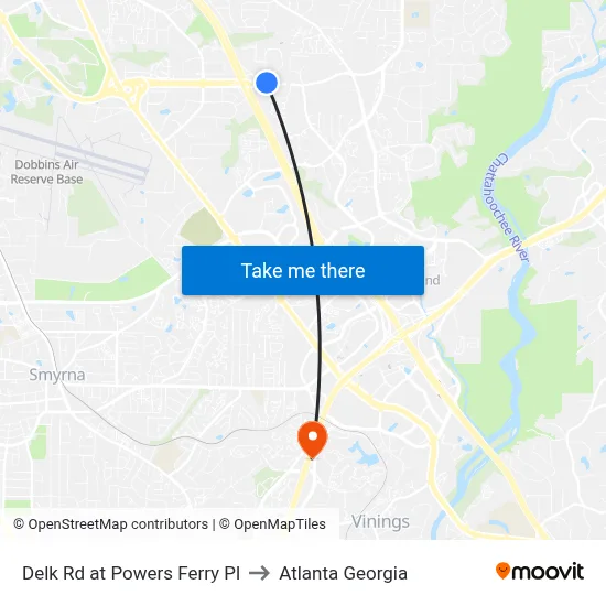 Delk Rd at Powers Ferry Pl to Atlanta Georgia map