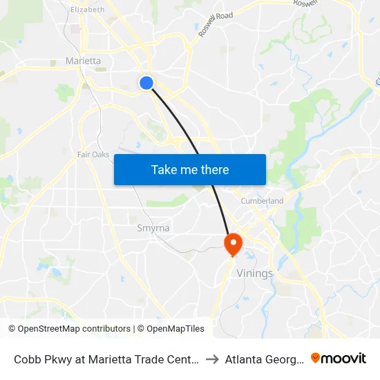 Cobb Pkwy at Marietta Trade Center to Atlanta Georgia map
