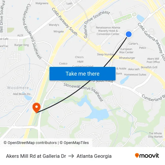 Akers Mill Rd at Galleria Dr to Atlanta Georgia map