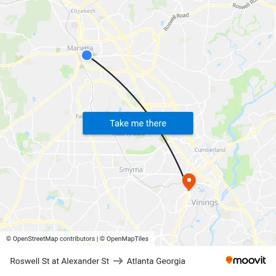 Roswell St at Alexander St to Atlanta Georgia map