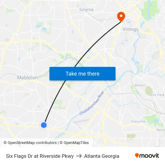Six Flags Dr at Riverside Pkwy to Atlanta Georgia map