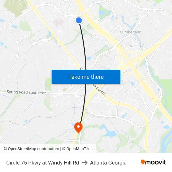 Circle 75 Pkwy at Windy Hill Rd to Atlanta Georgia map