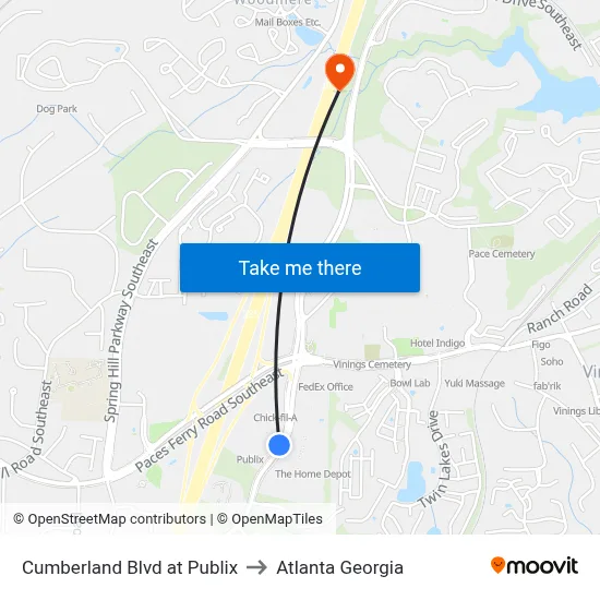 Cumberland Blvd at Publix to Atlanta Georgia map