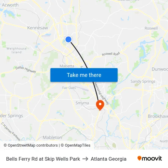 Bells Ferry Rd at Skip Wells Park to Atlanta Georgia map