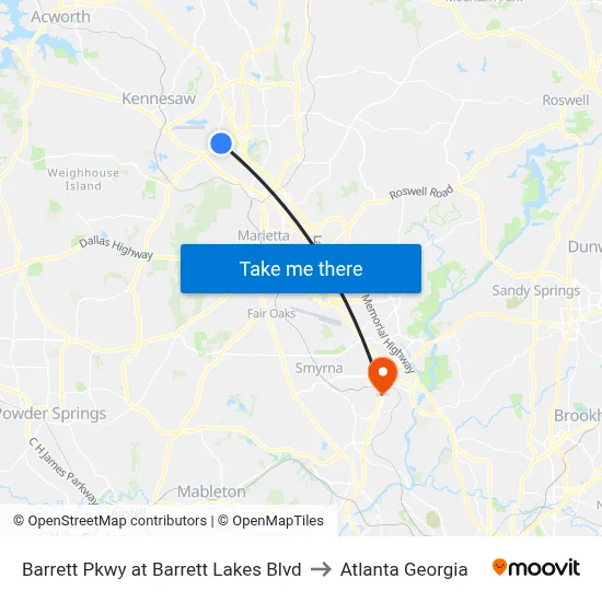 Barrett Pkwy at Barrett Lakes Blvd to Atlanta Georgia map