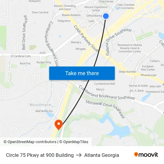 Circle 75 Pkwy at 900 Building to Atlanta Georgia map