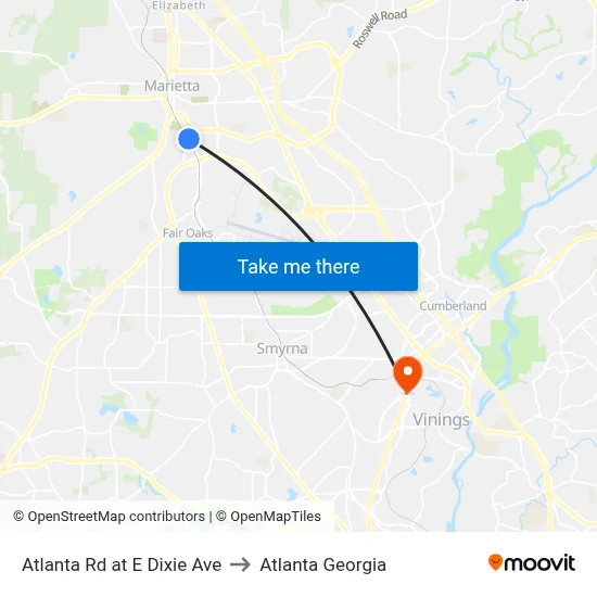 Atlanta Rd at E Dixie Ave to Atlanta Georgia map