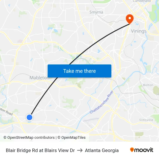 Blair Bridge Rd at Blairs View Dr to Atlanta Georgia map