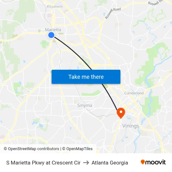 S Marietta Pkwy at Crescent Cir to Atlanta Georgia map