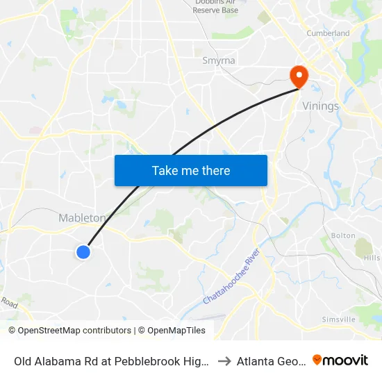 Old Alabama Rd at Pebblebrook High Schoo to Atlanta Georgia map