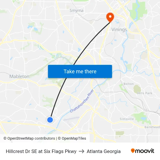Hillcrest Dr SE at Six Flags Pkwy to Atlanta Georgia map