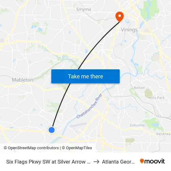 Six Flags Pkwy SW at Silver Arrow Cir to Atlanta Georgia map