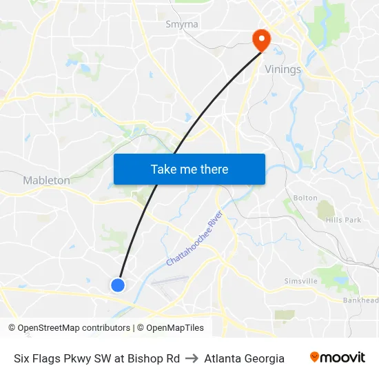 Six Flags Pkwy SW at Bishop Rd to Atlanta Georgia map