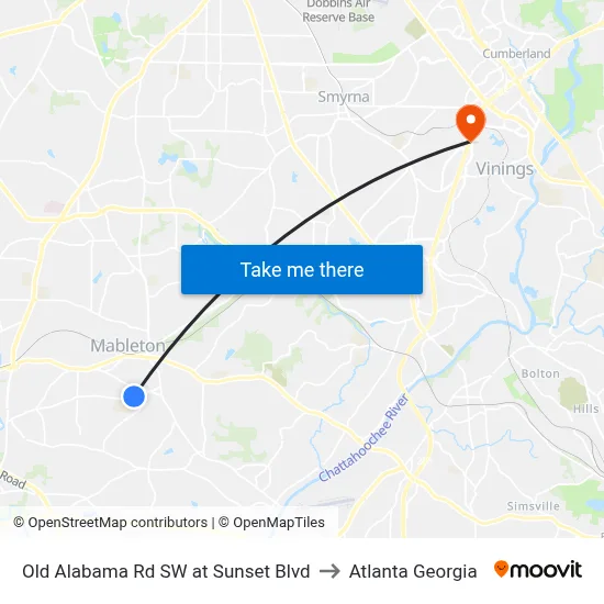 Old Alabama Rd SW at Sunset Blvd to Atlanta Georgia map